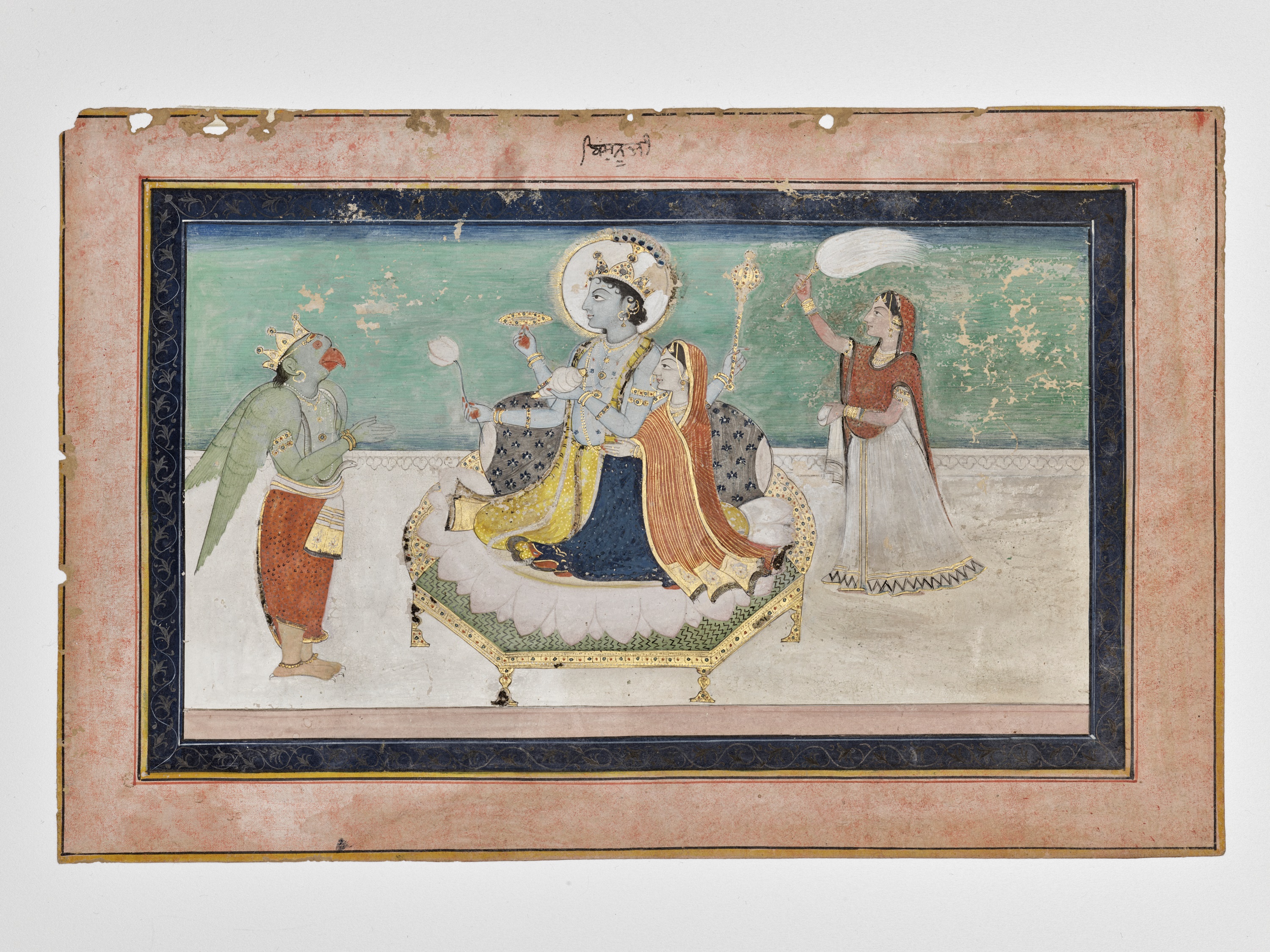 AN INDIAN MINIATURE PAINTING OF VISHNU AND HIS CONSORT - Image 6 of 7