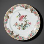 A FAMILLE ROSE 'PEONY AND CHRYSANTHEMUM' DISH, 18TH CENTURY