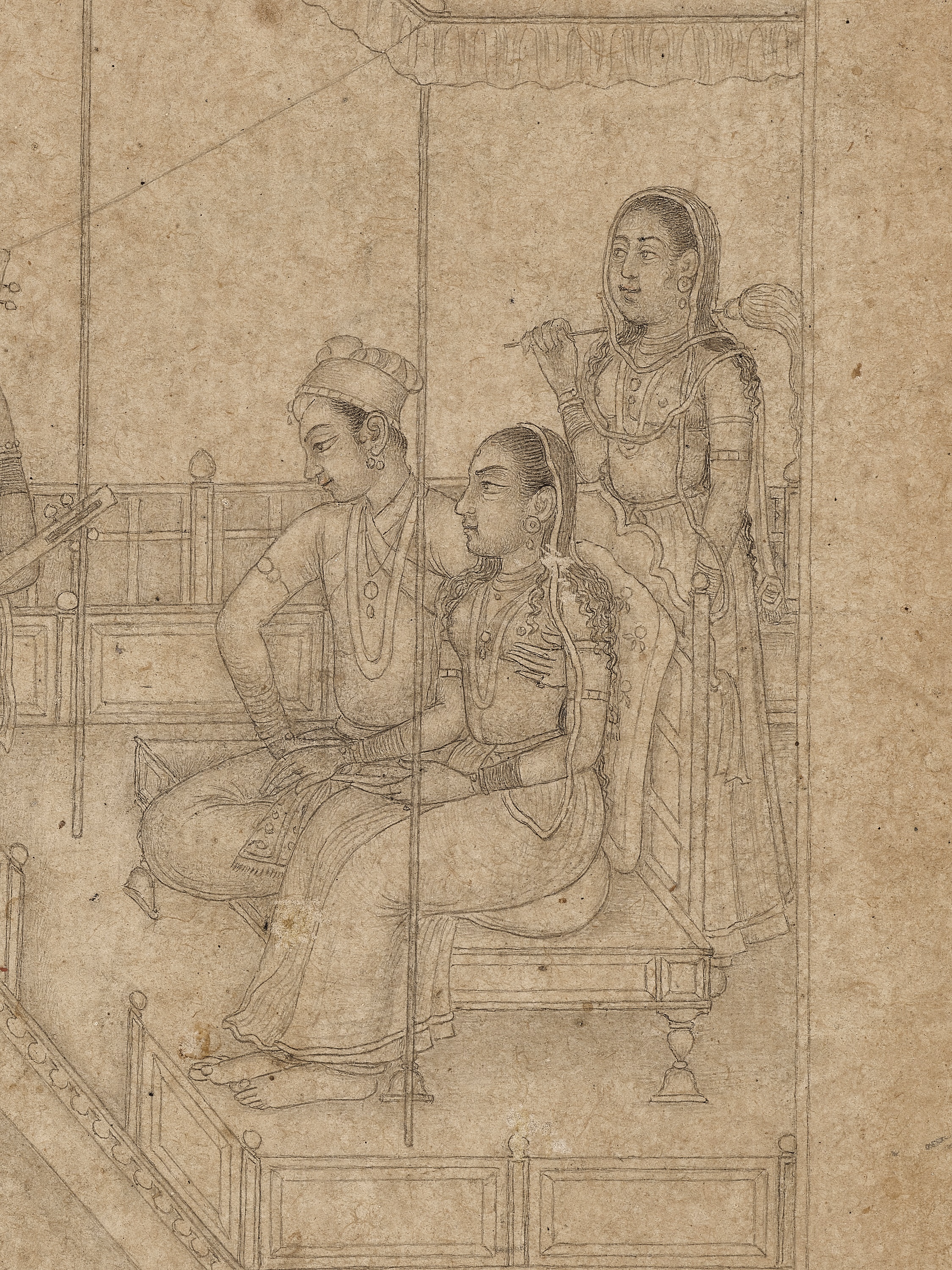 AN INDIAN MINIATURE DRAWING OF A PRINCE AND PRINCESS ENJOYING A MUSIC RECITAL - Image 6 of 12