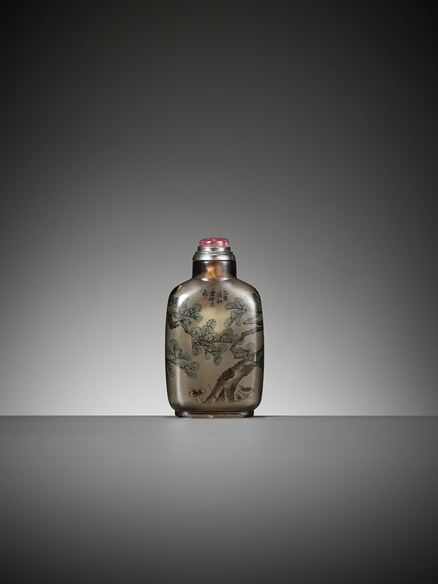 AN INSIDE-PAINTED 'HAWK AND MOON' SMOKY CRYSTAL SNUFF BOTTLE, BY YE ZHONGSAN, DATED 1935 - Image 2 of 10