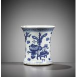 A BLUE AND WHITE WAISTED 'ANTIQUE TREASURES' BRUSHPOT, BITONG, EARLY QING DYNASTY