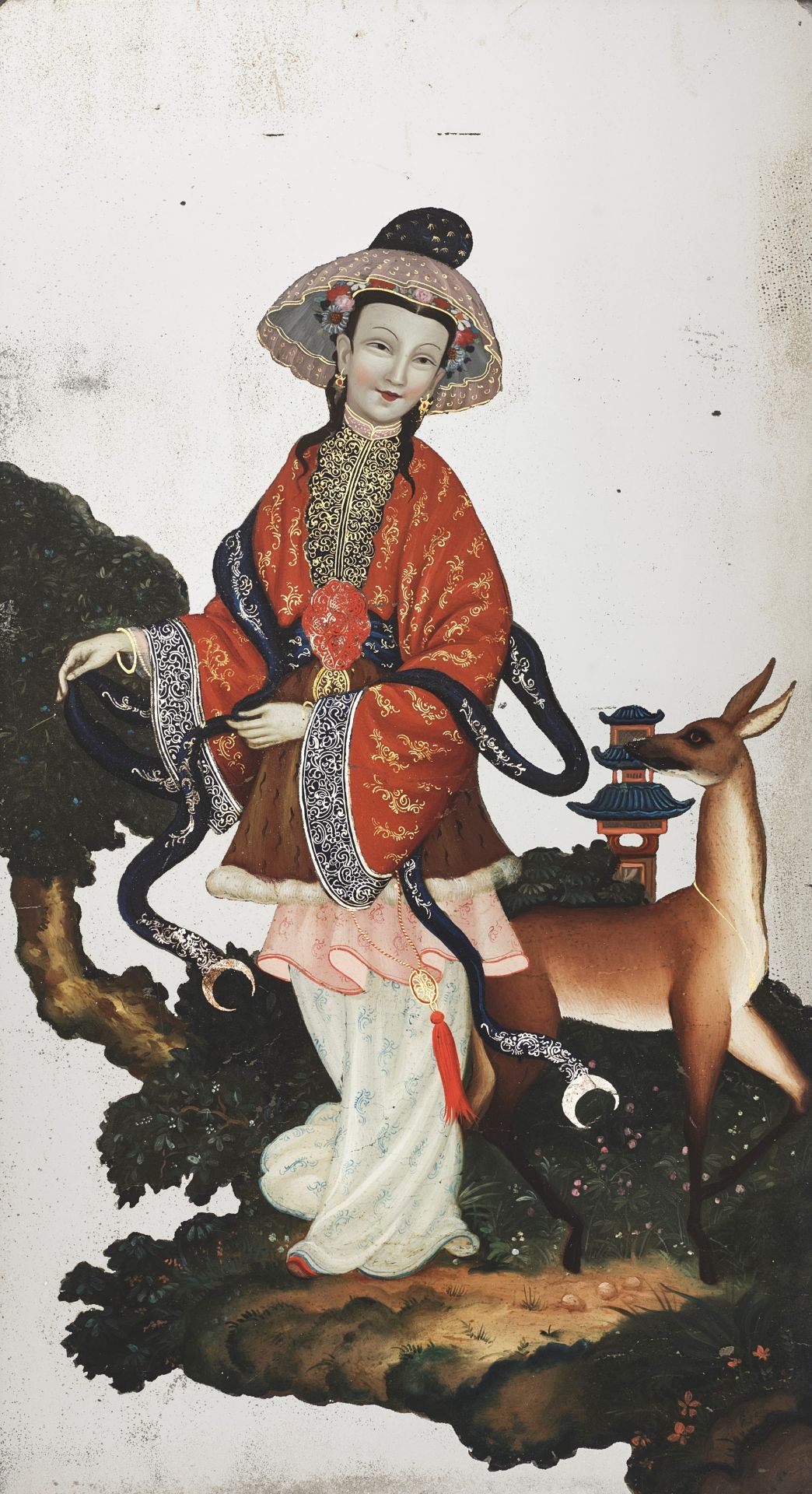 A REVERSE-GLASS MIRROR PAINTING OF A NOBLE LADY WITH DEER, CANTON SCHOOL, QING DYNASTY