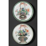 TWO FAMILLE VERTE 'FLOWER BASKET' DISHES, QING DYNASTY