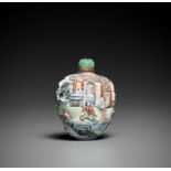 AN IMPERIAL MOLDED AND ENAMELED PORCELAIN SNUFF BOTTLE, JIAQING MARK AND PERIOD