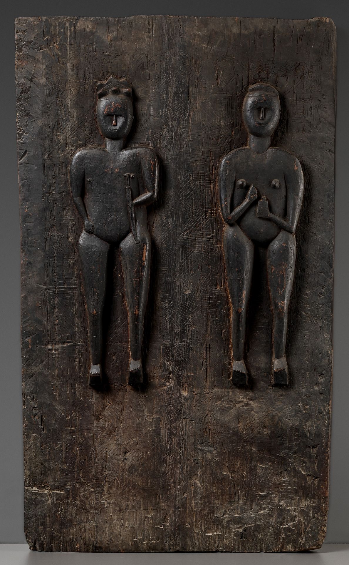 A RARE AND LARGE CARVED HARDWOOD 'MALE AND FEMALE' DOOR, ODA MATAN