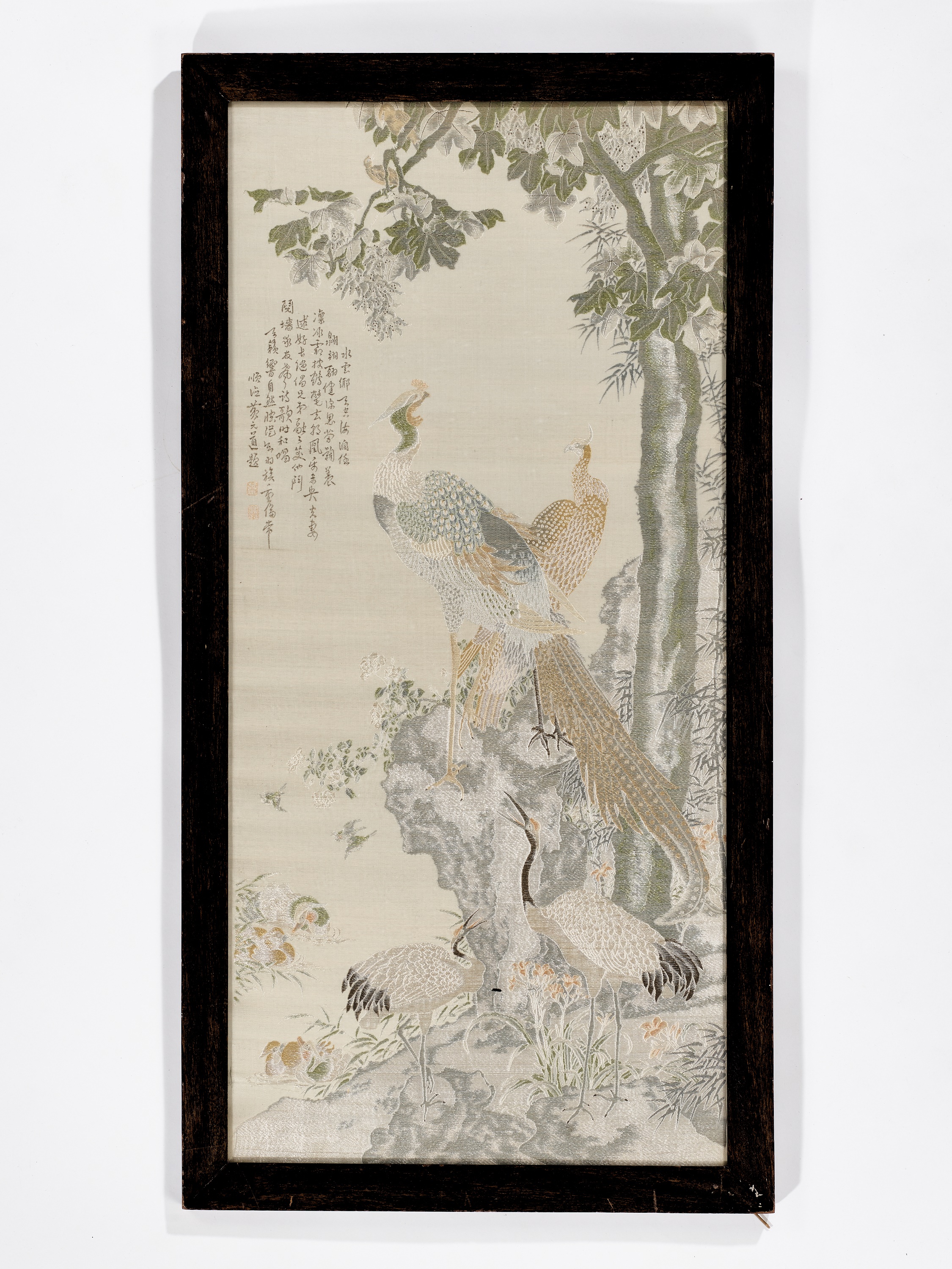AN EMBROIDERED 'CRANES WORSHIPPING THE PHOENIX' SILK PANEL, 19TH CENTURY - Image 9 of 10