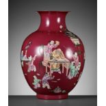 A LARGE PUCE-GROUND 'SLEEPING TEACHER & MISCHIEVOUS BOYS' VASE, LATE QING TO REPUBLIC PERIOD