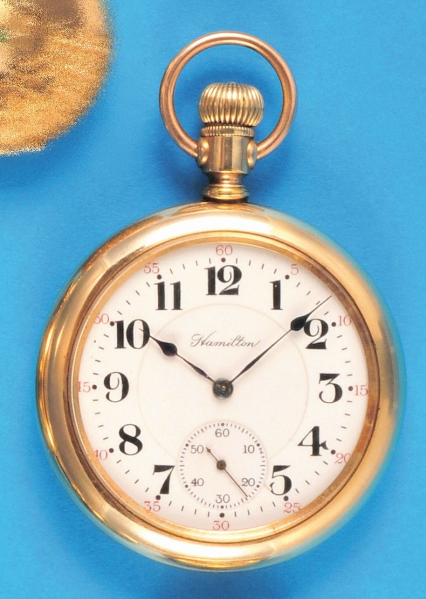 Hamilton Watch Co, Lancaster Pa, gilt, floral engraved pocket watch with screw-glass bezel - Bild 2 aus 2