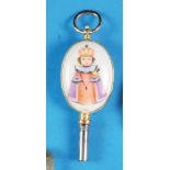 Golden pocket watch key with two painted porcelain medallions, 14 ct. gold setting, colourfully pain