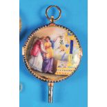 Gold enamel pocket watch key,14 ct. gold back engraved with floral decoration, front with enamel pic