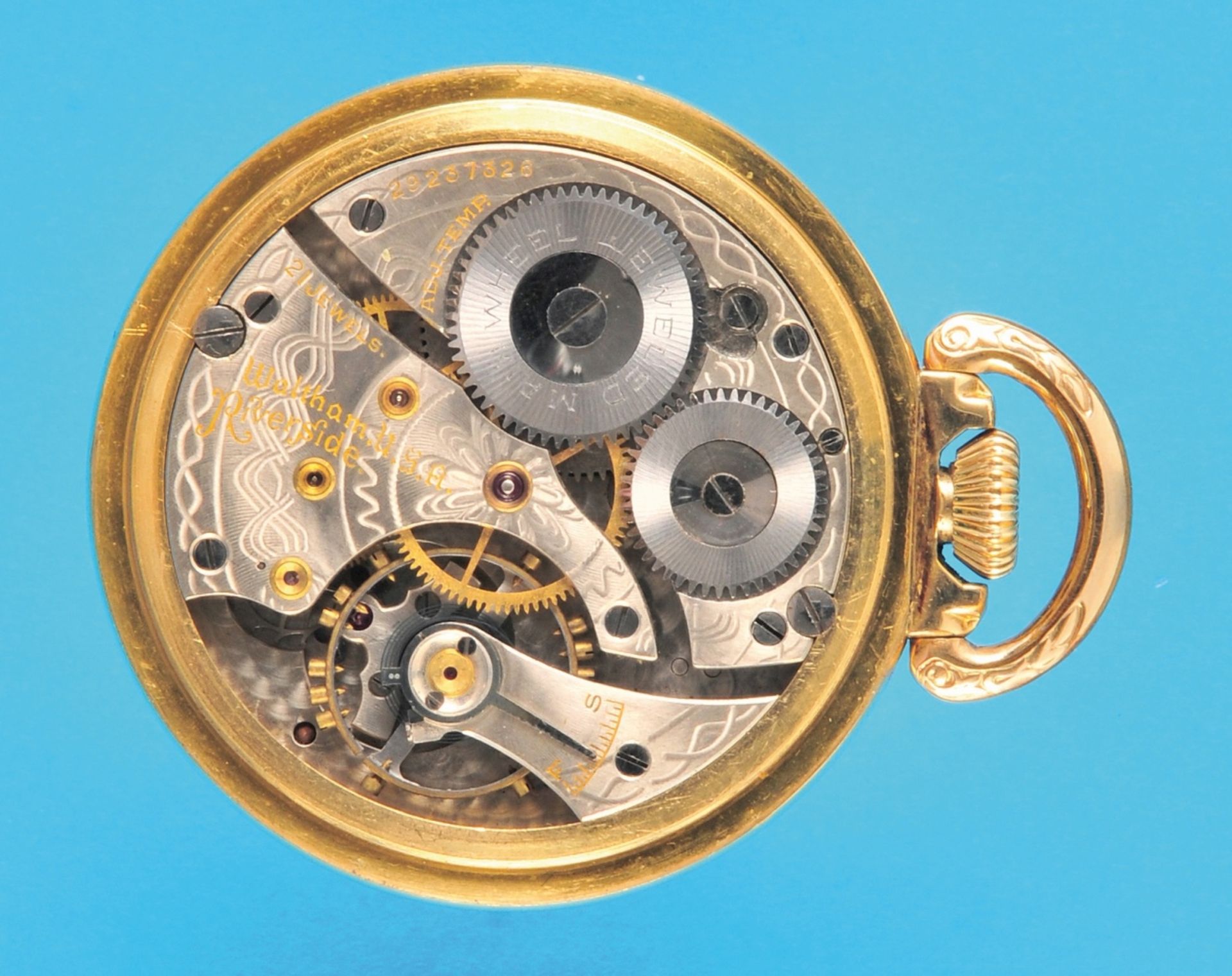 Waltham "Riverside", gold-plated pocket watch with screw top