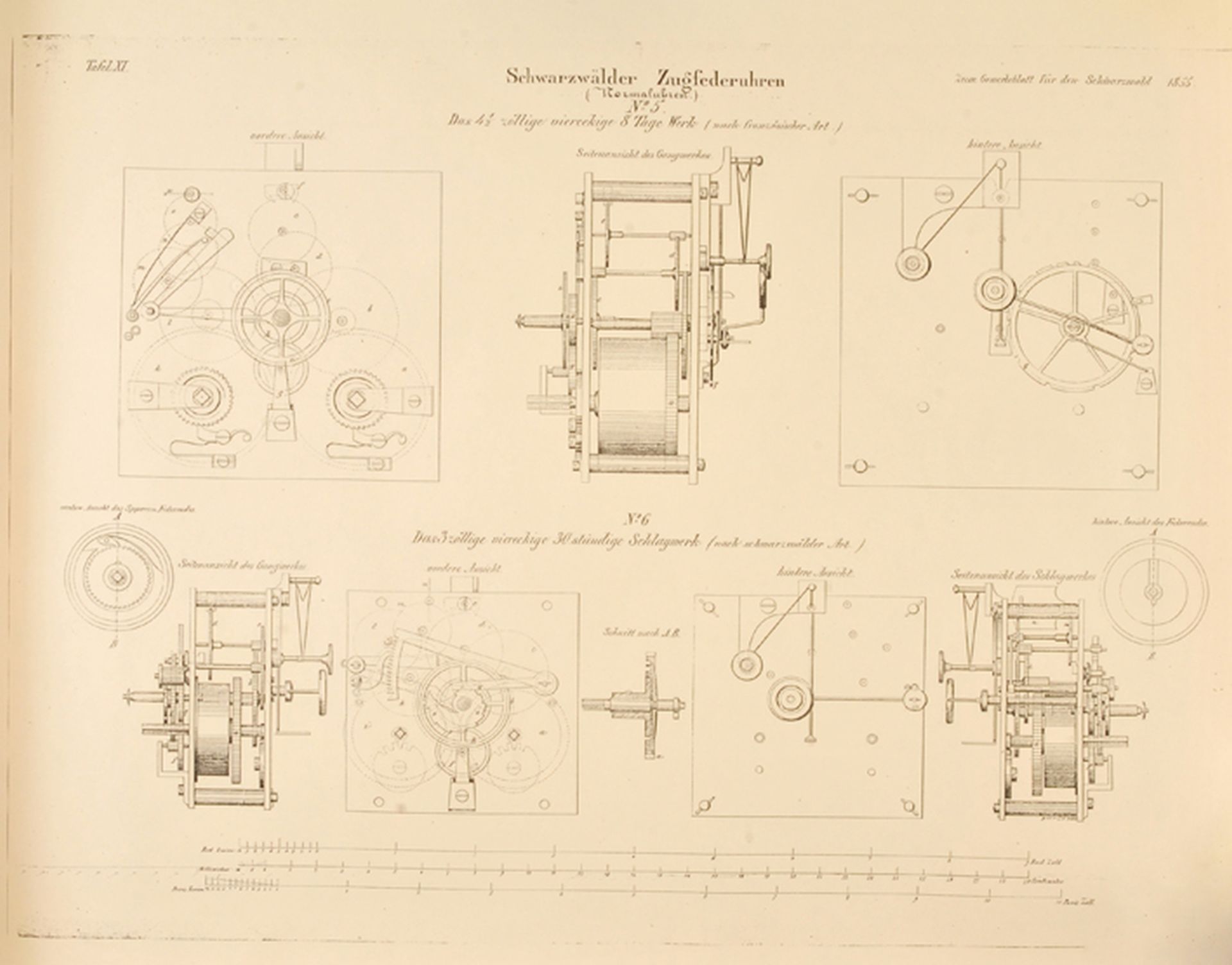 2 großformatige Drucke aus „Zum Gewerbeblatt für den Schwarzwald 1855“, Tafel XI, Schwarzwälder Zugf