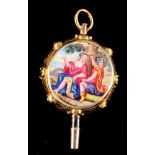 Pocket watch key, Baroque, gilt, with enamel medallion
