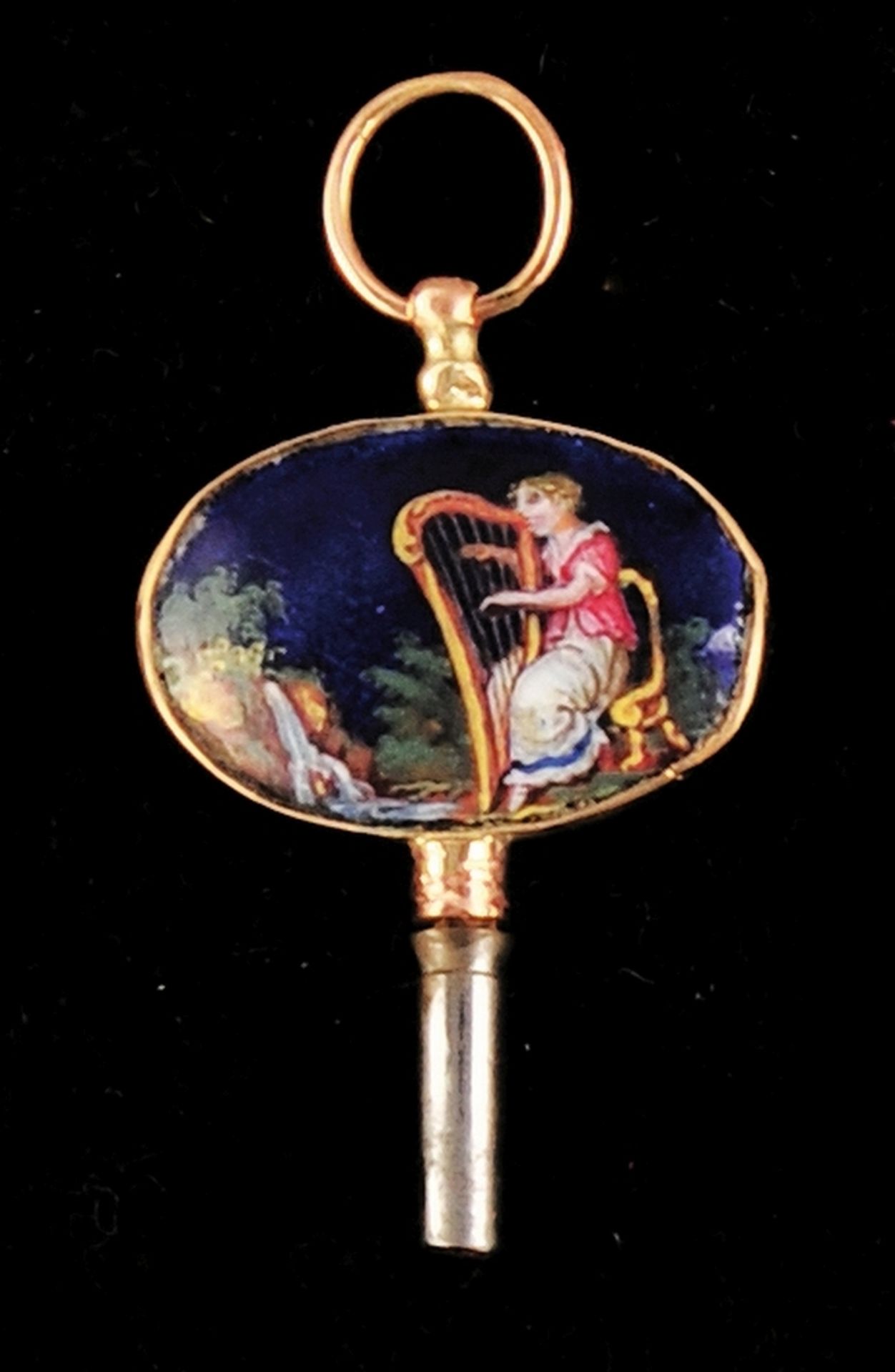 Pocket watch key with enamel medallion