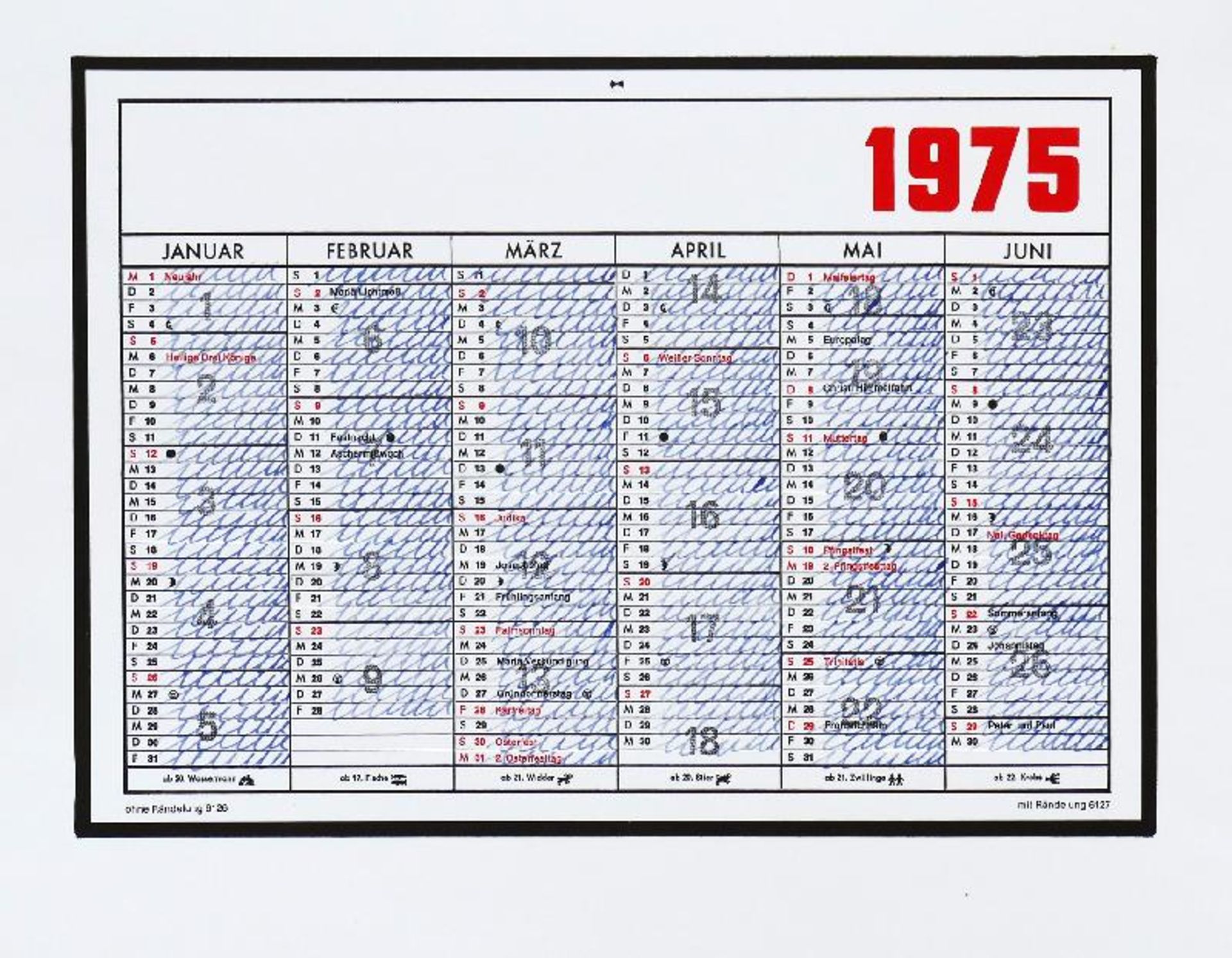 Darboven, Hanne - Konvolut von zwei Kalenderblättern 1975