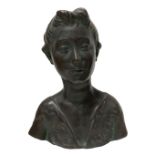 Half-length portrait of a girl in terracotta with green bronze patina, late 19th century