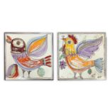 De Simone - Pair of majolica tiles depicting a bird and a rooster, 60's