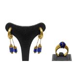 Set of earrings and ring in red gold with lapis lazuli, 20th century