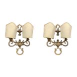 Pair of two-light golden metal wall lights, 20th century