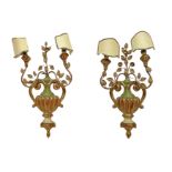 Pair of appliques with two candles in lacquered wood in shades of green and gold, nineteenth century