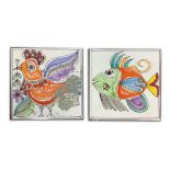 De Simone - Pair of majolica tiles depicting a fish and a rooster, 60's