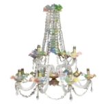 Elegant Baccarat crystal chandelier, transparent crystal torcion arms, colored glass saucers and ros