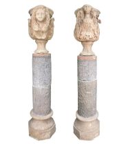 Pair of columns, surmounted by 17th century vases, depicting a woman and an eagle, Early 18th centur