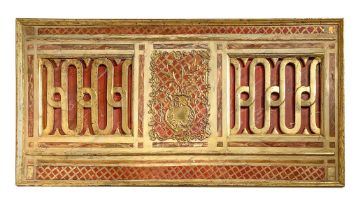 Rectangular polychrome wood paneling with gilded frame inside, nineteenth century