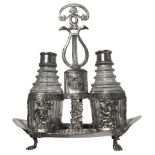 Salt cellar in silver, Berlin, early 19th century. Oval base resting on feline paw feet. Cruet holde