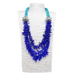 Necklace with a thread of TURQUOISE washer, plus three threads of lapis lazuli,