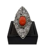 Quill ring in Low grade 9 carat gold, diamonds and coral