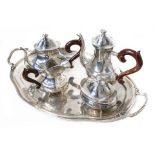 Silver tea Set consisting of tray, coffee pot, teapot, milk jug and sugar bowl, 20th century