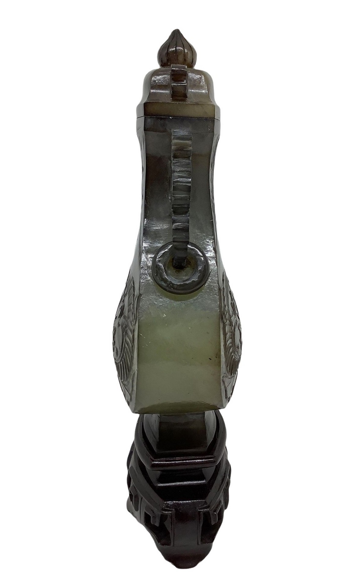 Dark green jade perfume burner with wooden base - Image 2 of 4