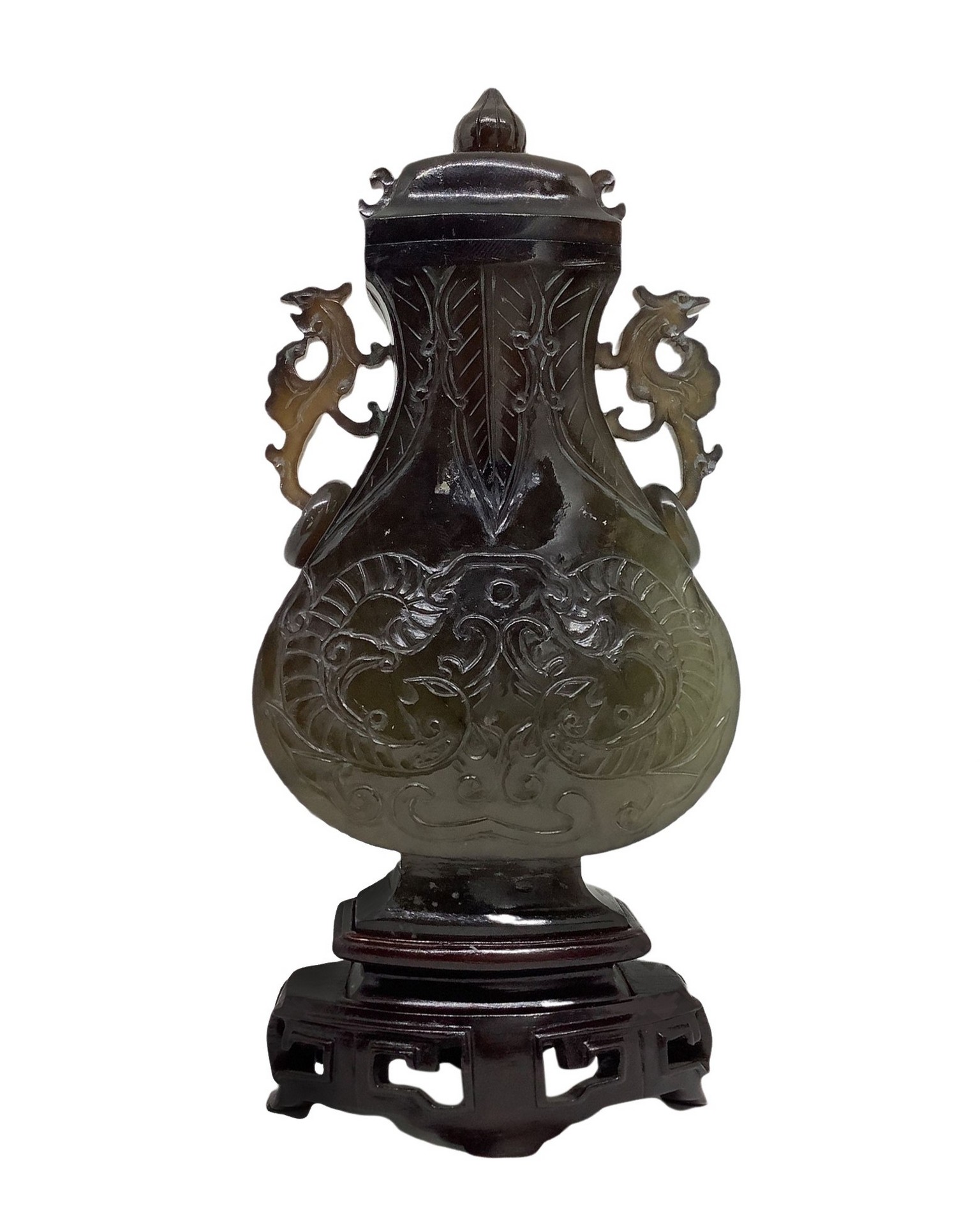 Dark green jade perfume burner with wooden base