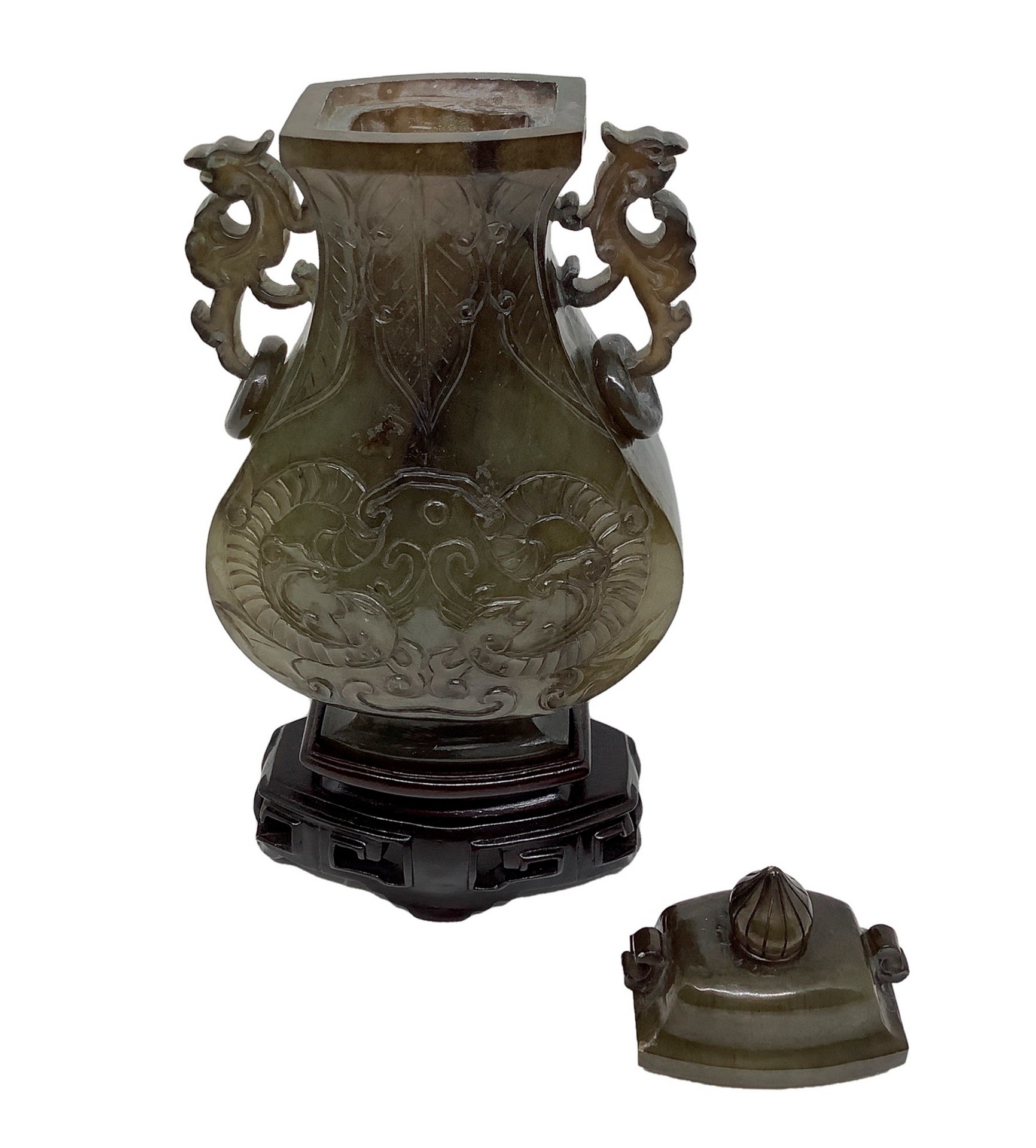 Dark green jade perfume burner with wooden base - Image 4 of 4