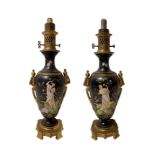Pair of oil lamps in bdefects porcelain, Napoleon III, painted with depictions of nymphs and flowers