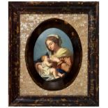 Oval depicting Madonna del latte in an antique tortoise and mother-of-pearl frame, nineteenth centur