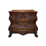 Dutch chest of drawers in mahogany wood with 4 drawers with floral patterns in light woods, Nineteen