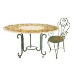 Round table in lava stone and n. 4 wrought iron chairs, 20th century