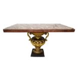 Assembled coffee table with base in the shape of a double vase in gilded wood with leaf and top in v