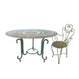 Round lava stone table and 4 wrought iron chairs., 20th century