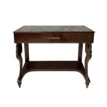 Console in mahogany wood with marble embedded in the green bardiglio top and front legs in the shape