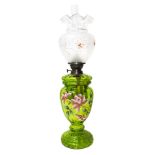 Hand painted green glass oil lamp, late 19th century