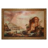 Port scene with vessels, characters and ruins, Venetian painter, late 18th century