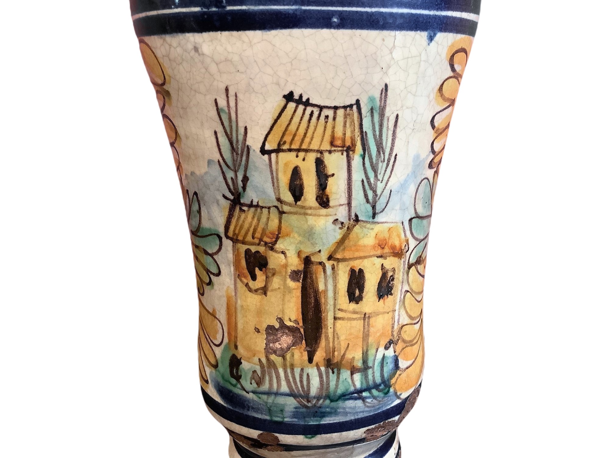 White background vase with blue motifs, flowers and houses, nineteenth century - Image 3 of 4