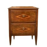 Late Louis XVI two-drawer bedside table in walnut with lozenges on the front, top and sides and pyra