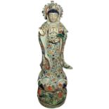 Hindu deity Lakshmi in floral dress. H 92x23 cm. Small lack in the phalanx of the index finger of th