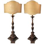 Pair of wooden candlesticks with fan, nineteenth century