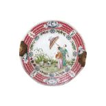 Plate in shades of pink with Chinese family scene, XVIII