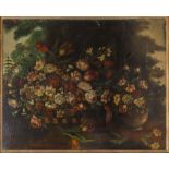 Composition of flowers in basket and in vase, Painter of the nineteenth century.